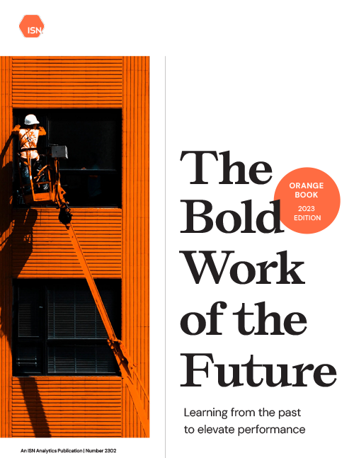 A worker uses a lift to paint a bright orange building, with the title "The Bold Work of the Future" prominently displayed.