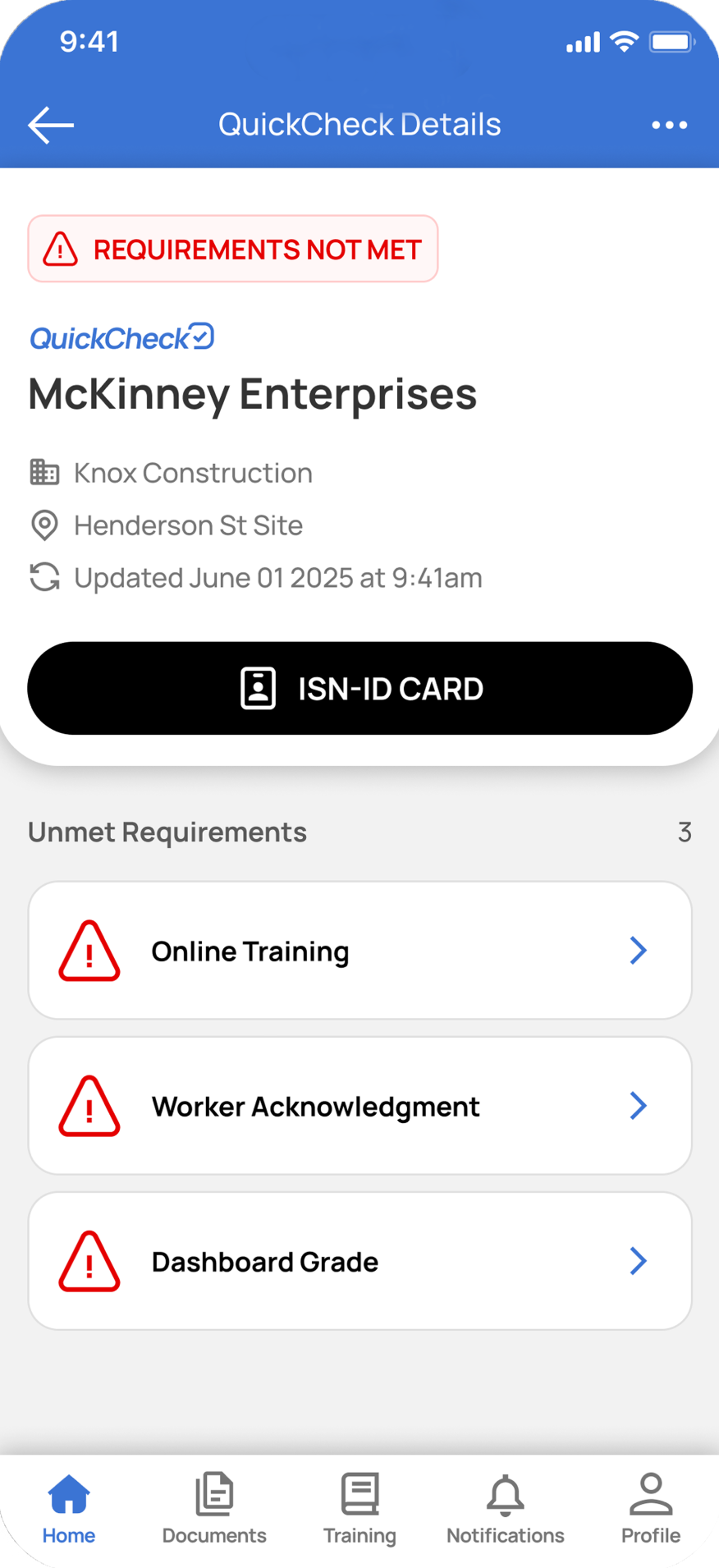 Mobile screen displaying requirements not met for McKinney Enterprises, highlighting unmet training and acknowledgment needs.