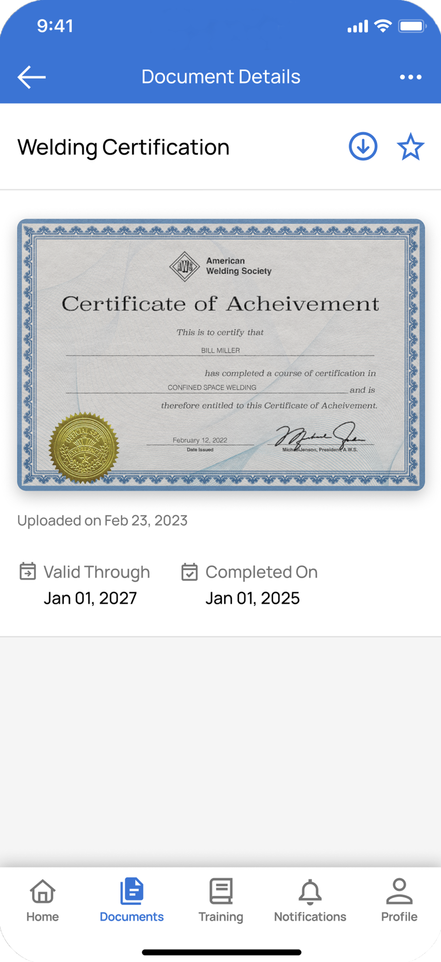 Welding certification document for Bill Miller, issued by the American Welding Society, valid through January 2027.