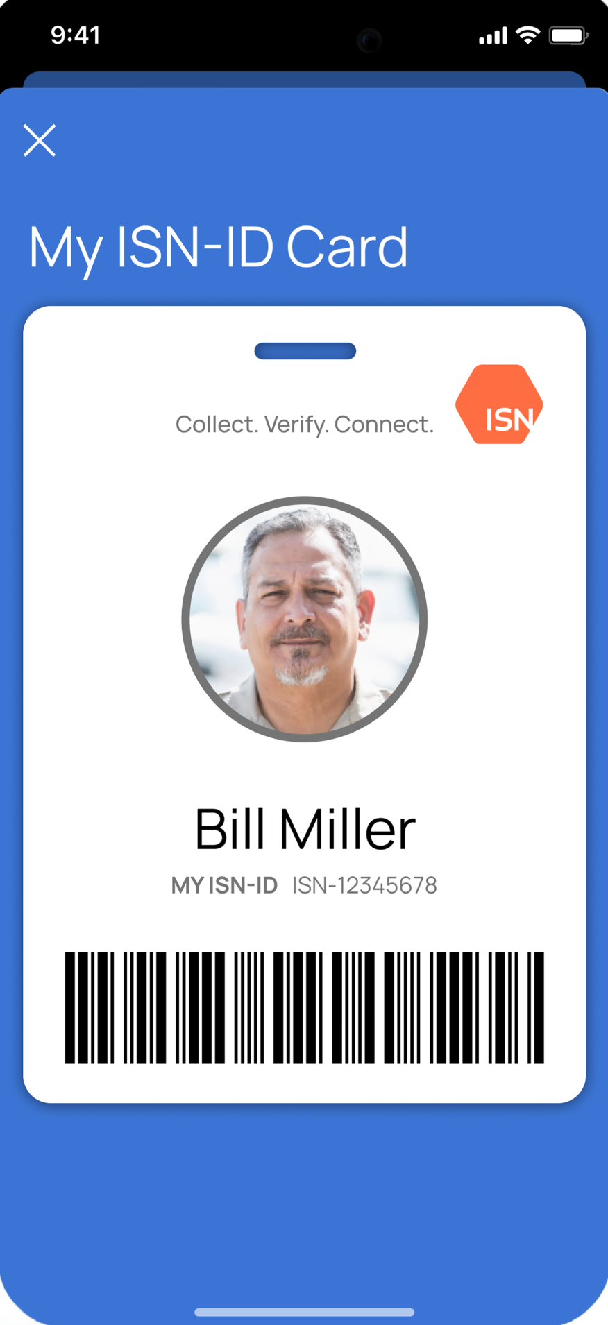 An ISN-ID card displayed on a smartphone screen, featuring the name Bill Miller and a barcode for identification.
